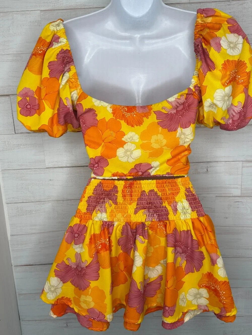Agua Bendita Set Bailee Crop Top Teresa Tiered Skirt Yellow Blooms Size Small